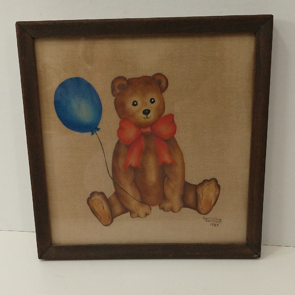 Vintage Teddy Bear Theorem Hand Painted on Velvet Red Bow Blue Balloon Framed 87